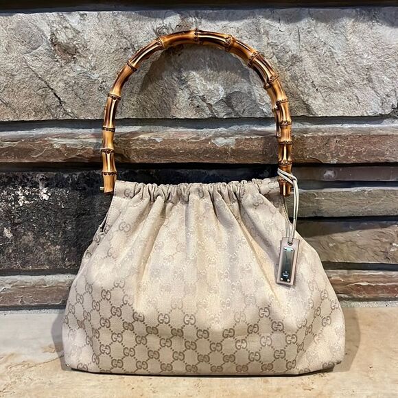 Vintage Gucci Bamboo Handle Canvas Bag GG Monogram